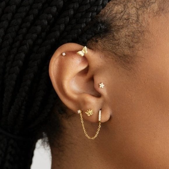 Green Double Piercing Pave Huggies w/ Chain Tassel Zirconia Pave Huggie Stud - Picture 3 of 7